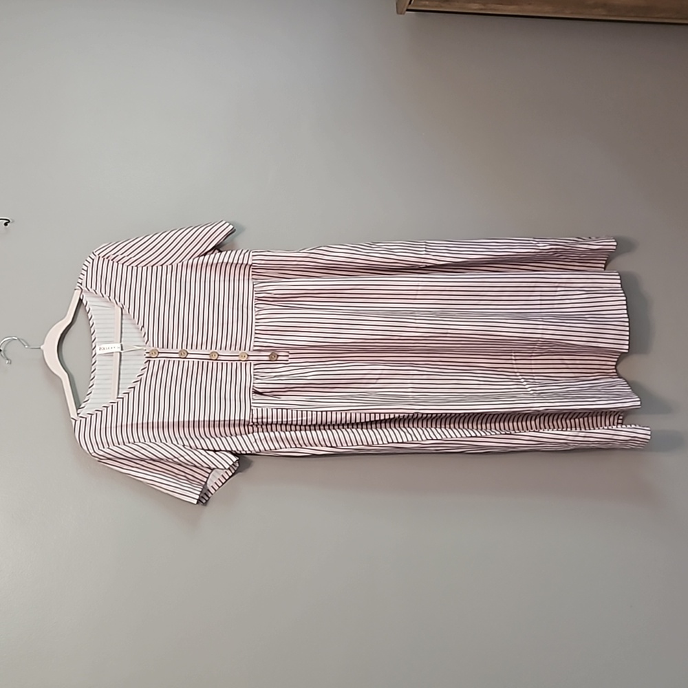 Cream and Brown Stripped Short Sleeve Midi Dress with pockets Size XL ZoLucky NT